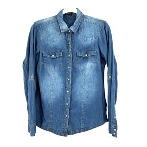 Love Stitch Chambray Pearl Snap Jean Shirt Womens Small Western Cowgirl Landman‎